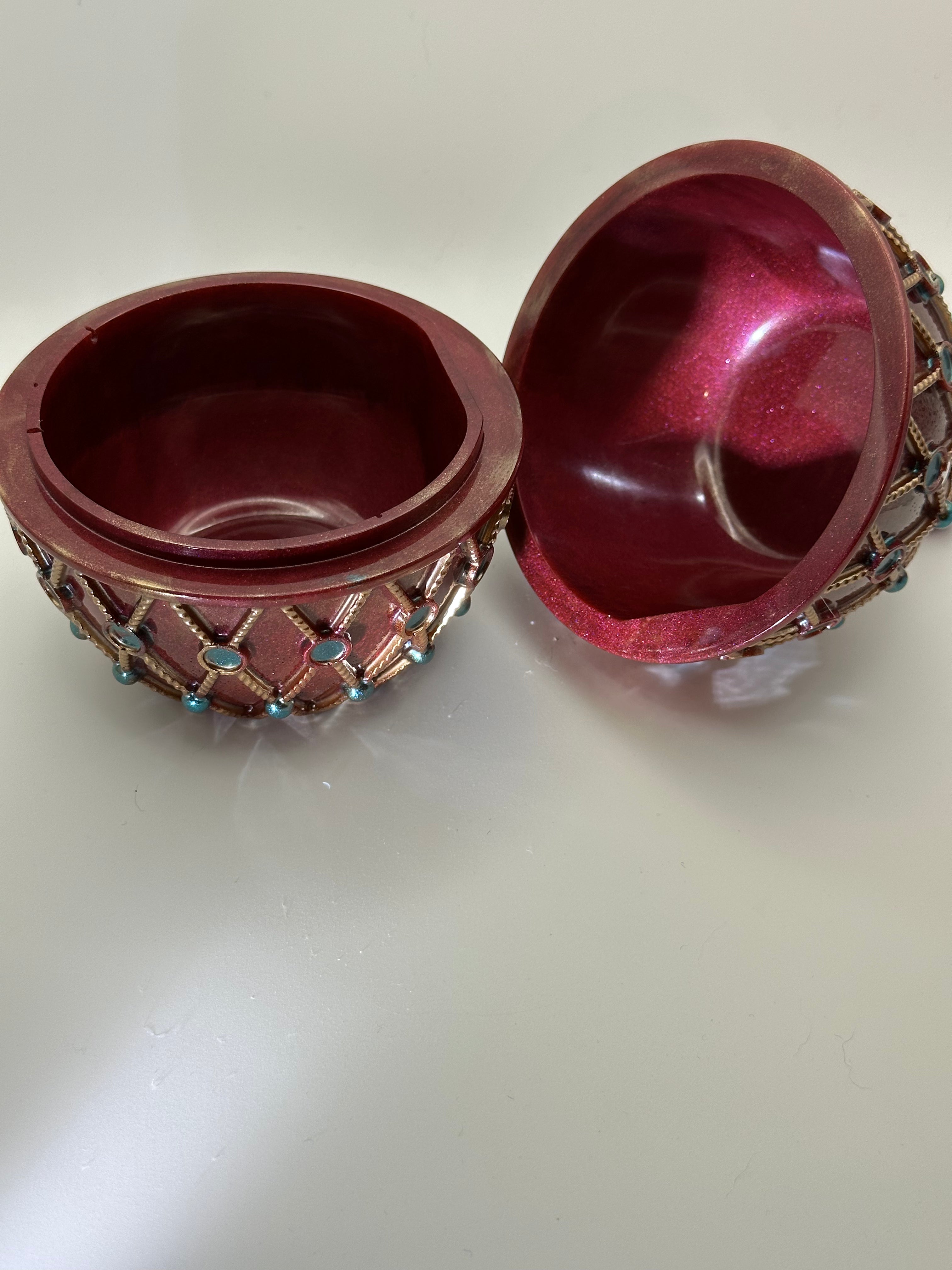 Burgundy & Gold Egg Trinket Box with Blue Jewel Accents