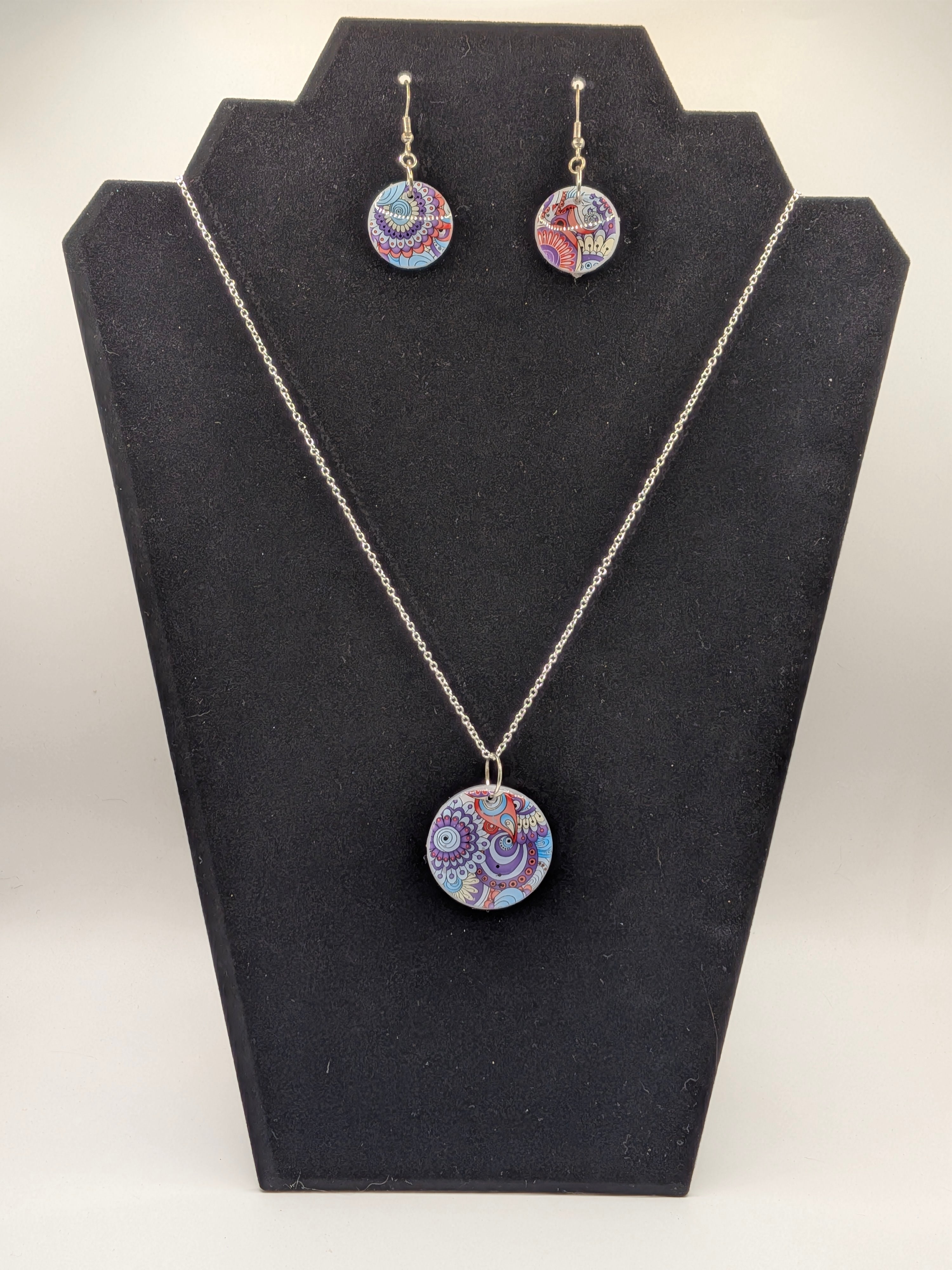 Round Retro 60s Nail Foil Jewelry Set — Groovy Floral in Purple, Coral & Yellow
