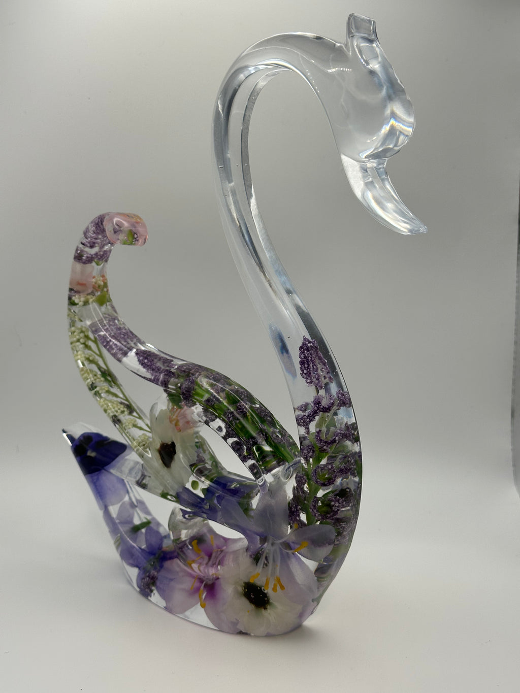 Swans with Lavender Flowers — Epoxy Resin Figurine Set