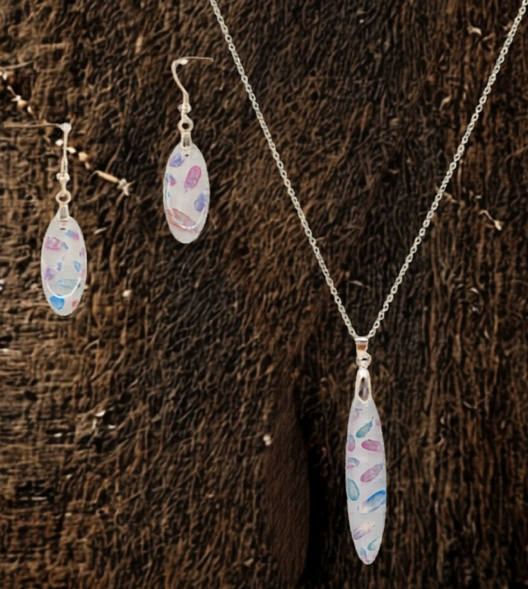 Oblong Nail Foil Jewelry Set — Shiny Pastel Pink & Blue Circles on White
