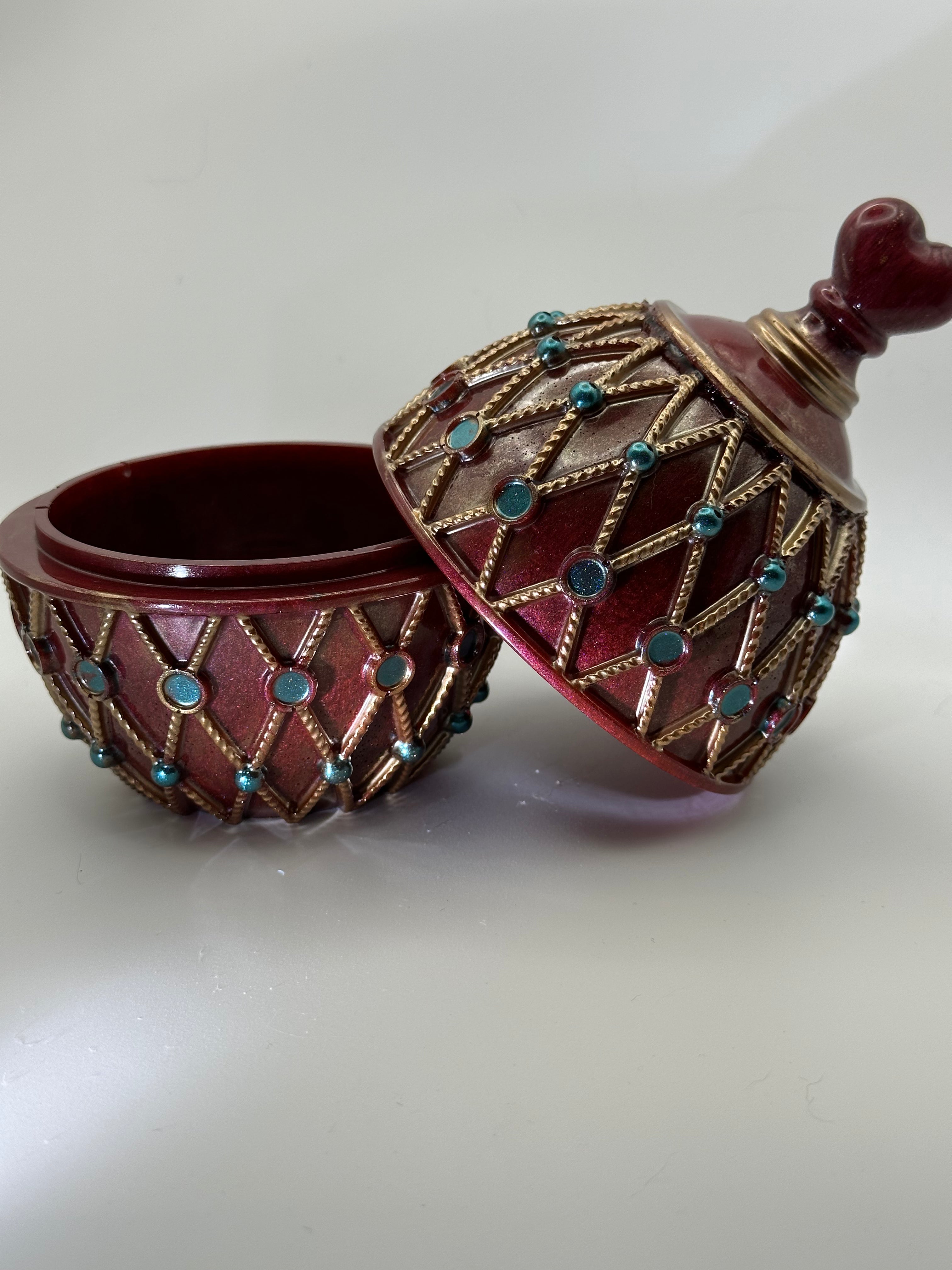 Burgundy & Gold Egg Trinket Box with Blue Jewel Accents
