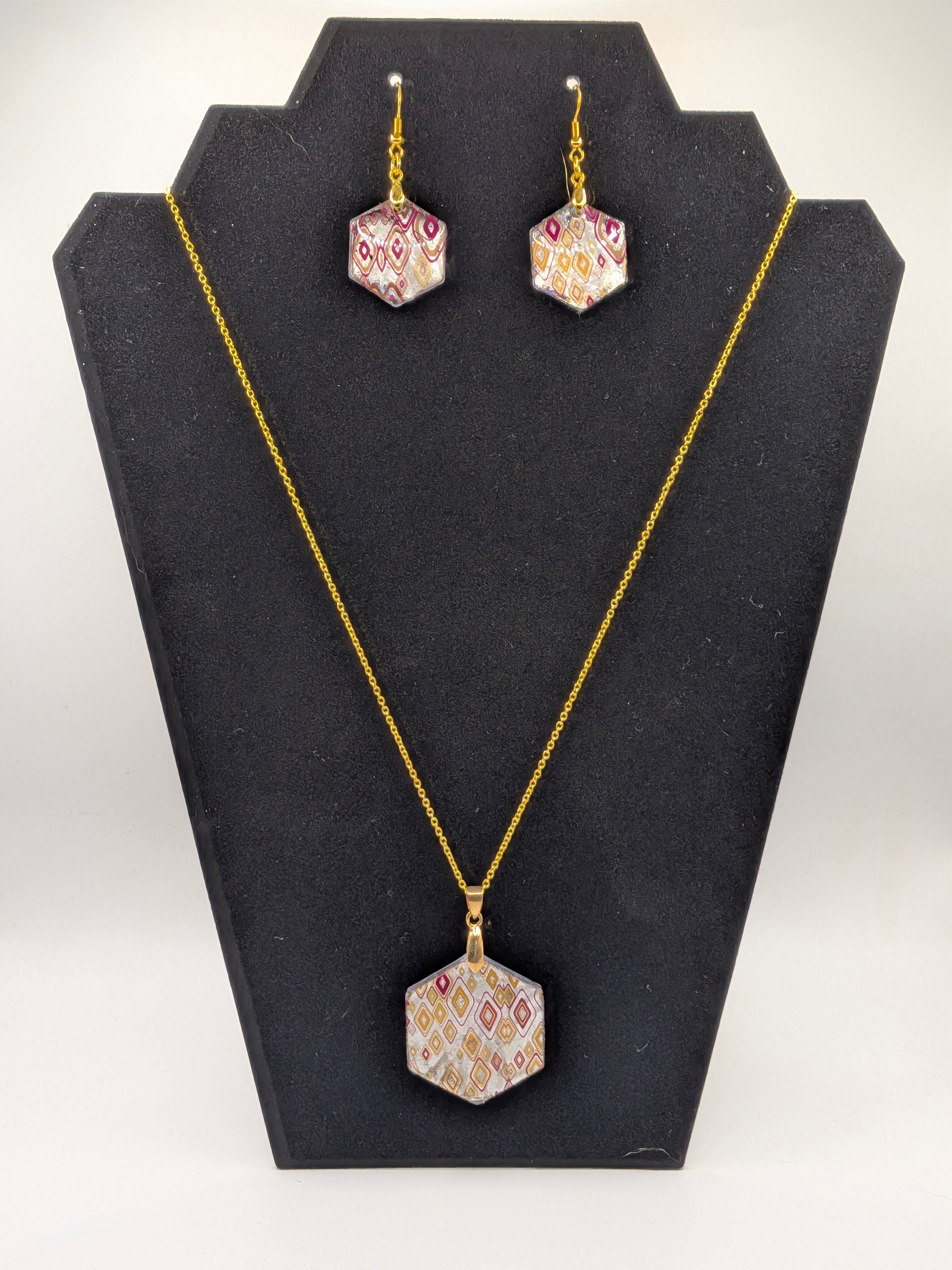 Hexagon Nail Foil Jewelry Set — Art Deco Diamonds in Burgundy & Gold on Silver