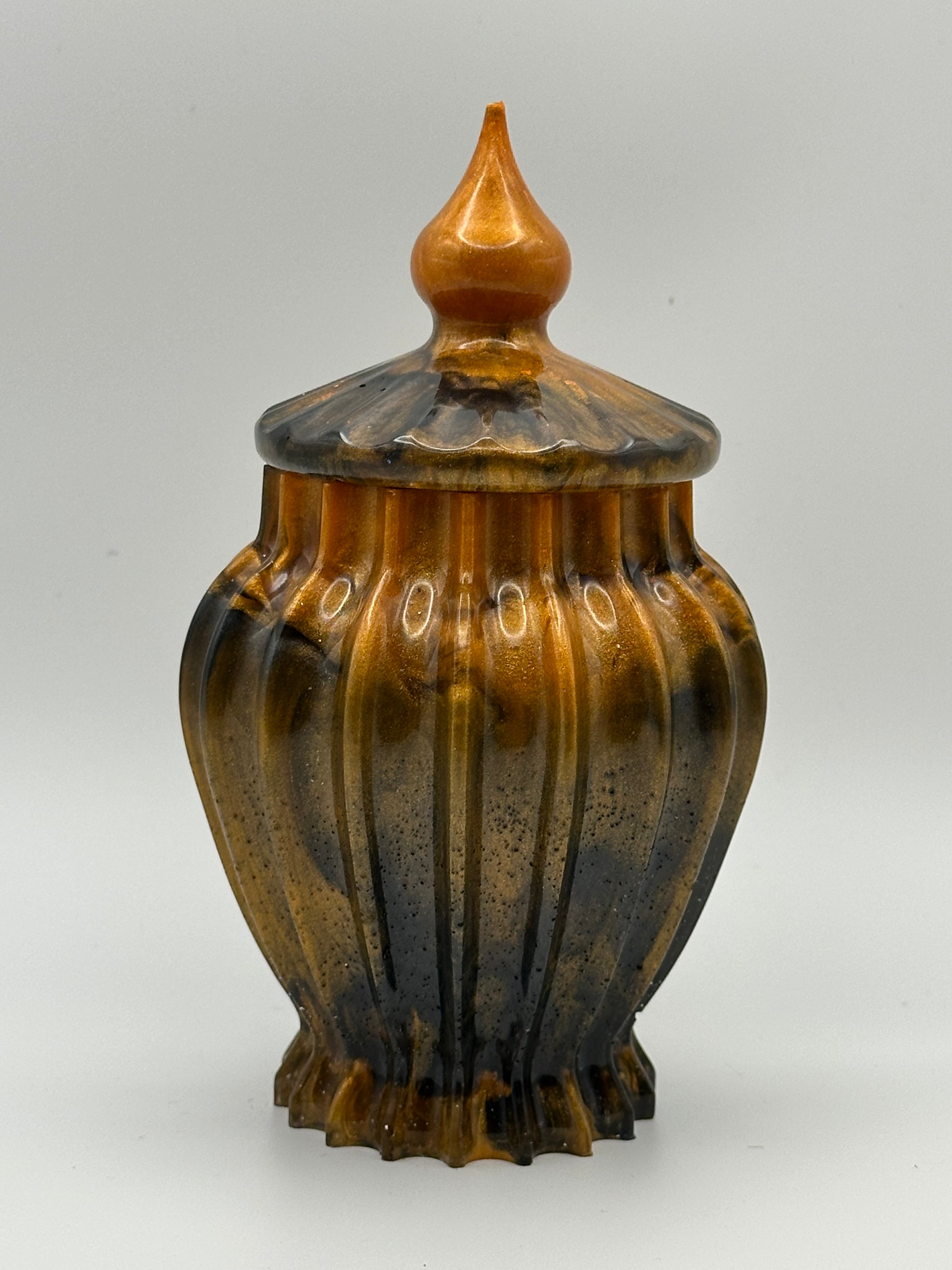 Orange and Black Marbled Epoxy Resin Ribbed Jar with Lid