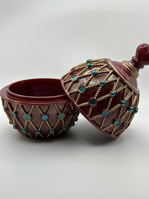Burgundy & Gold Egg Trinket Box with Blue Jewel Accents