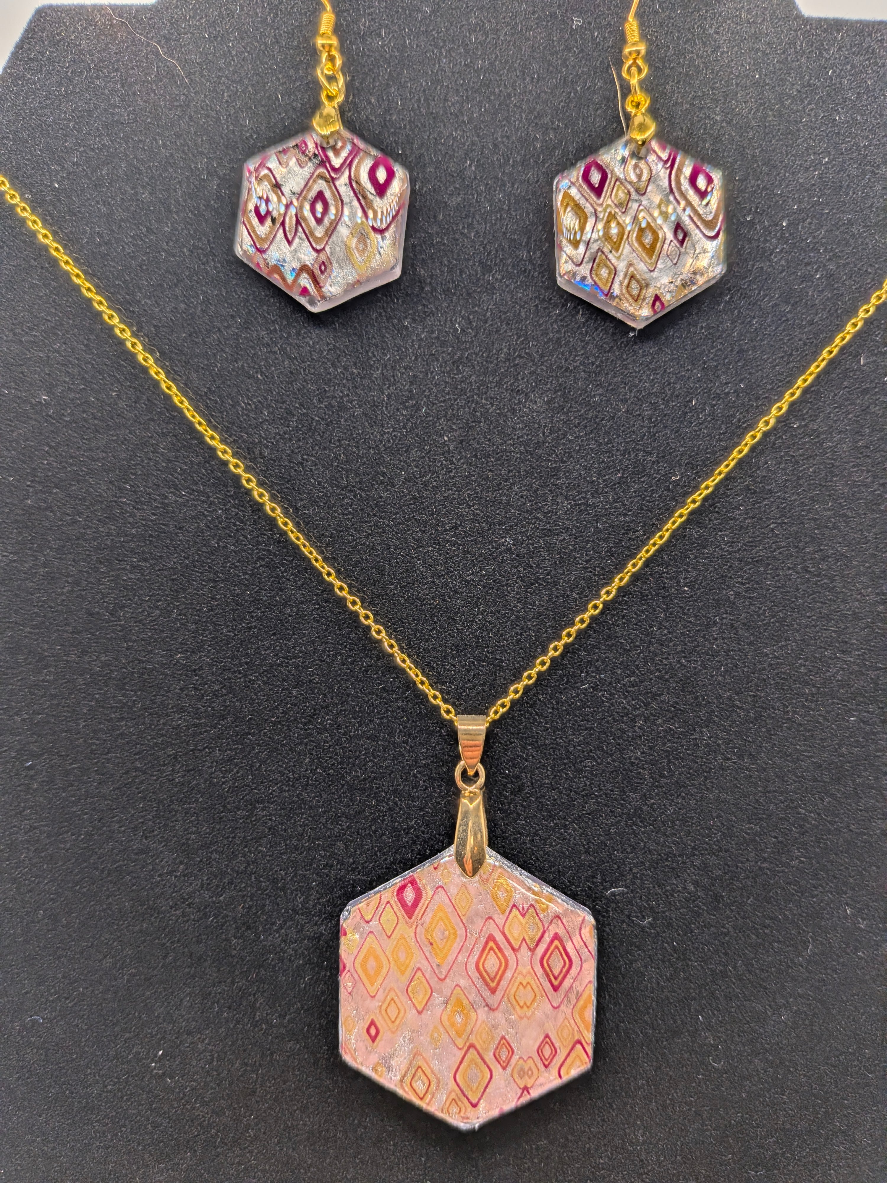 Hexagon Nail Foil Jewelry Set — Art Deco Diamonds in Burgundy & Gold on Silver