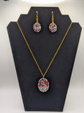Oval Nail Foil Jewelry Set — Red Flowers with Silver Foil Outline on Black