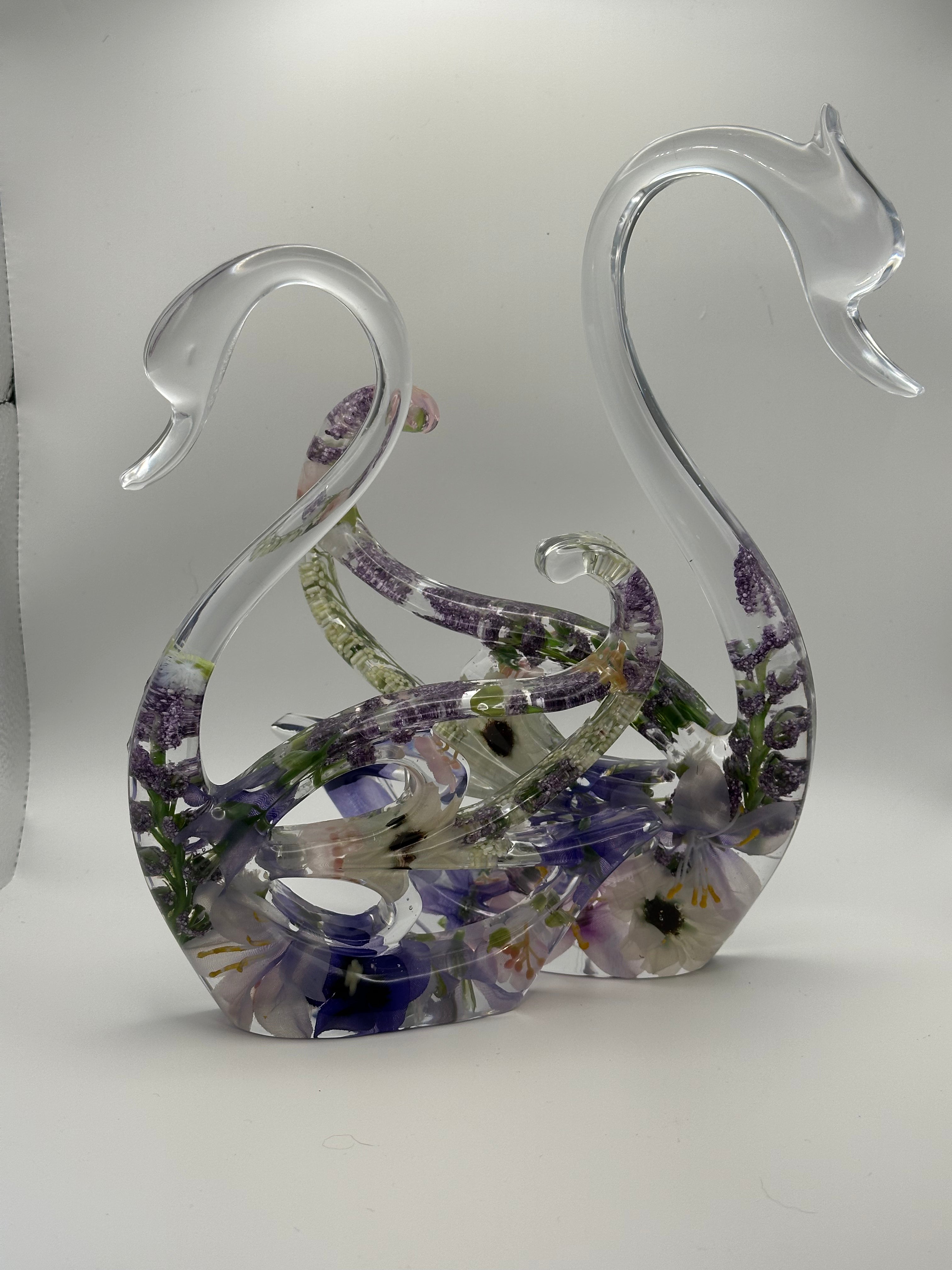Swans with Lavender Flowers — Epoxy Resin Figurine Set