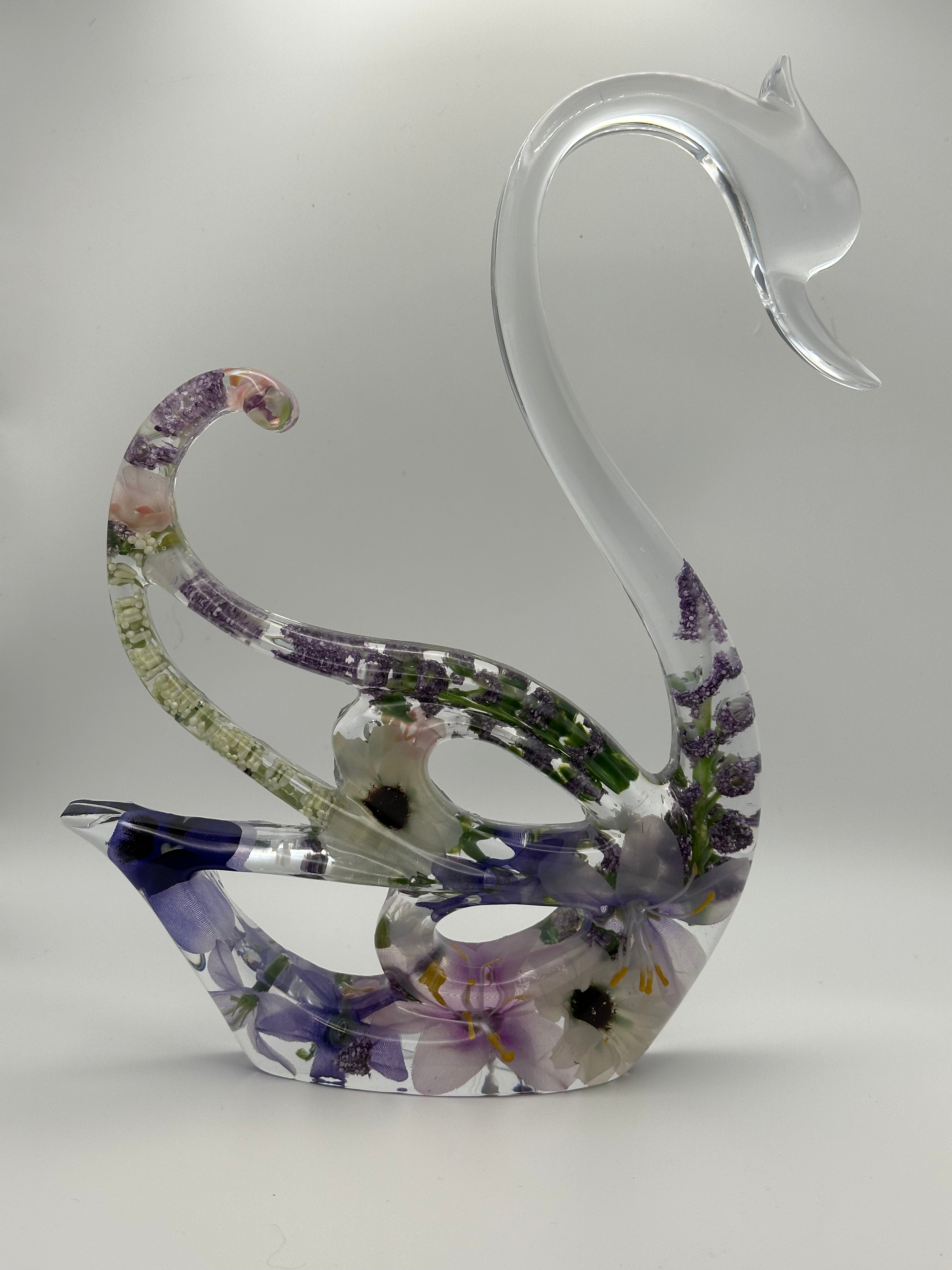 Swans with Lavender Flowers — Epoxy Resin Figurine Set