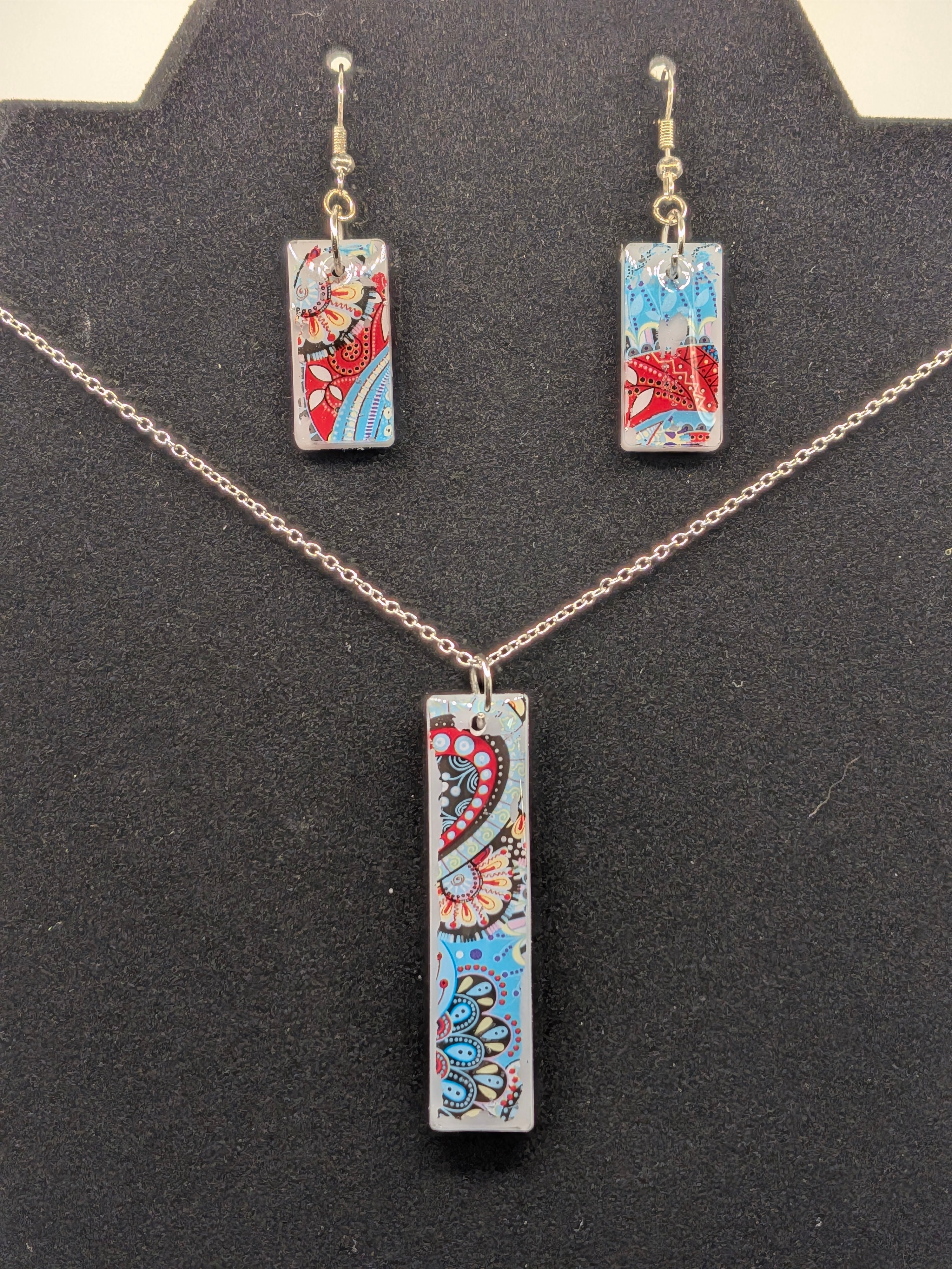 Elongated Rectangle Nail Foil Jewelry Set — Retro 60s Abstract in Red, Blue & White
