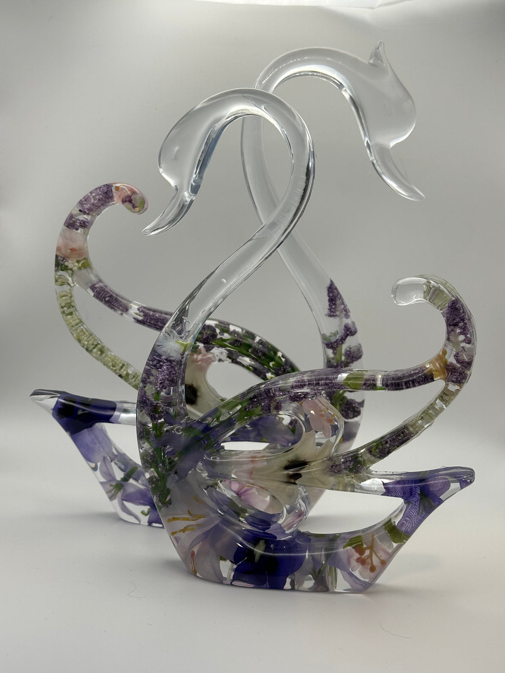 Swans with Lavender Flowers — Epoxy Resin Figurine Set