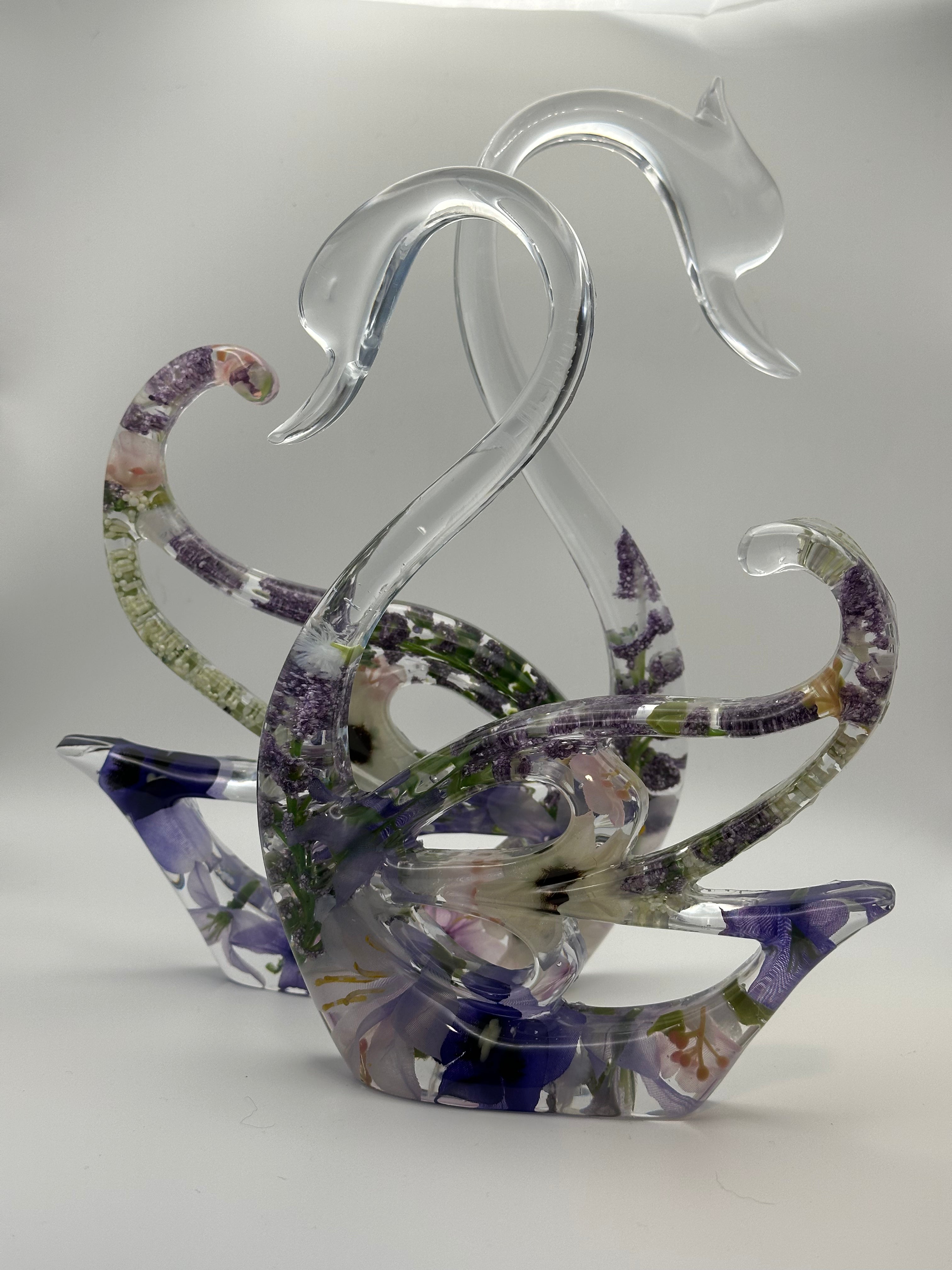 Swans with Lavender Flowers — Epoxy Resin Figurine Set