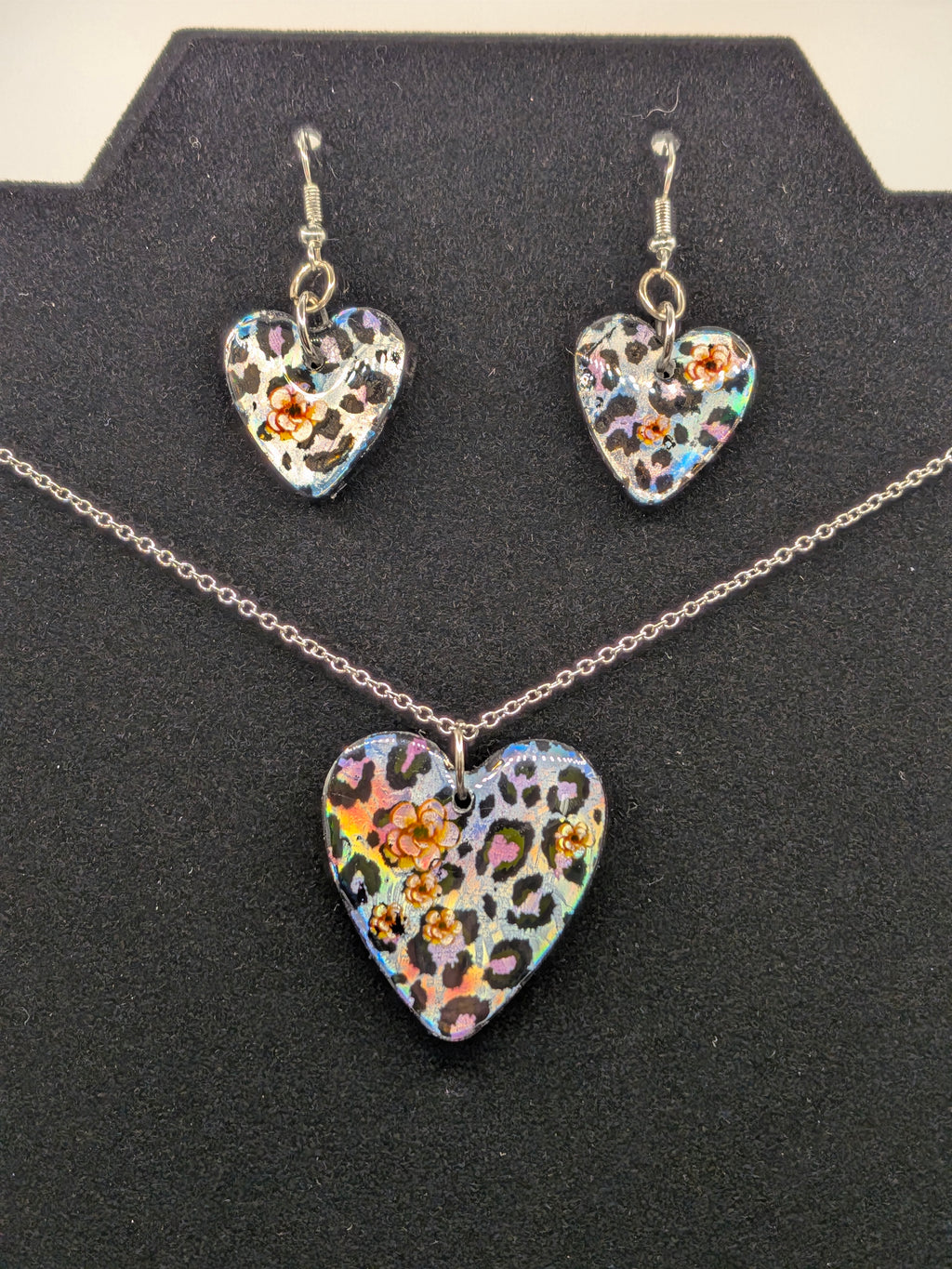 Heart Shaped Nail Foil Jewelry Set — Glam Leopard in Pink, Purple & Peach on Silver