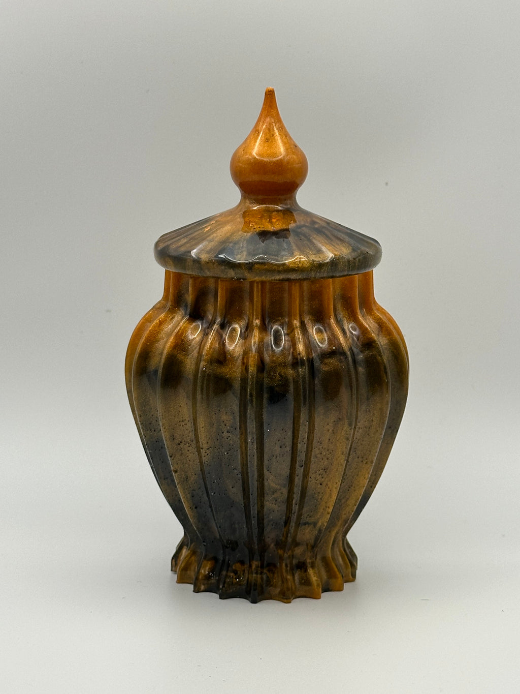 Orange and Black Marbled Epoxy Resin Ribbed Jar with Lid