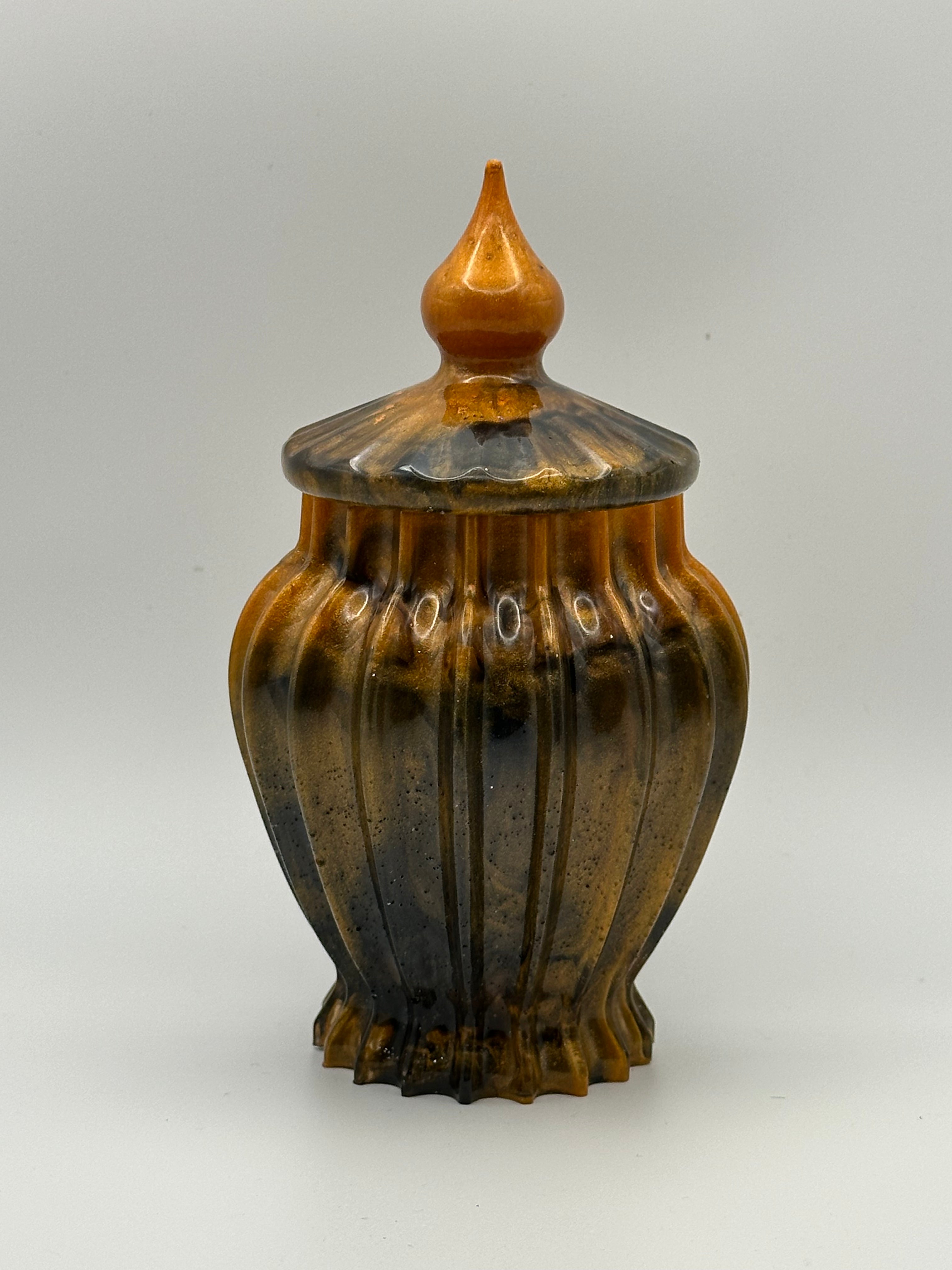 Orange and Black Marbled Epoxy Resin Ribbed Jar with Lid