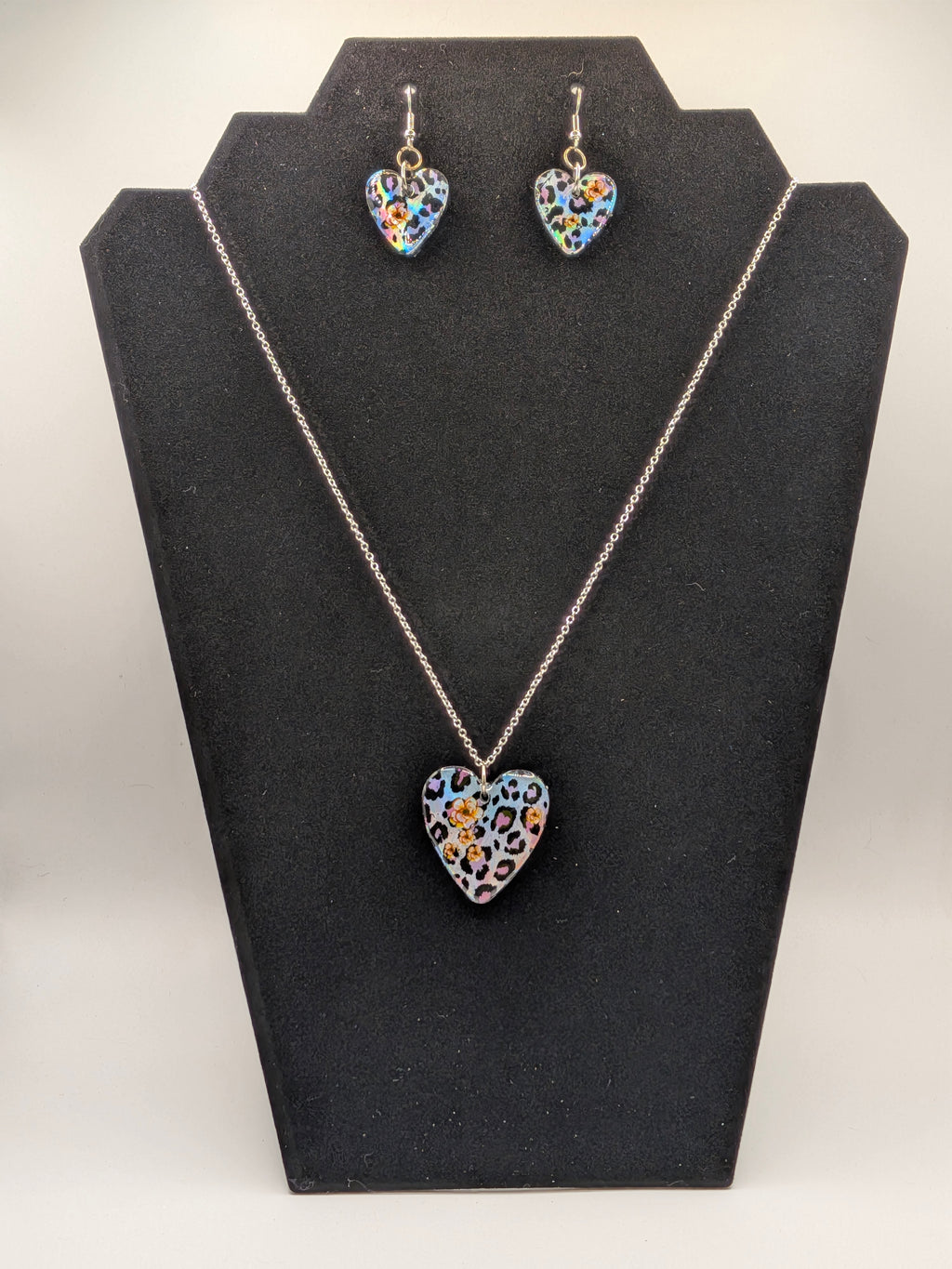 Heart Shaped Nail Foil Jewelry Set — Glam Leopard in Pink, Purple & Peach on Silver