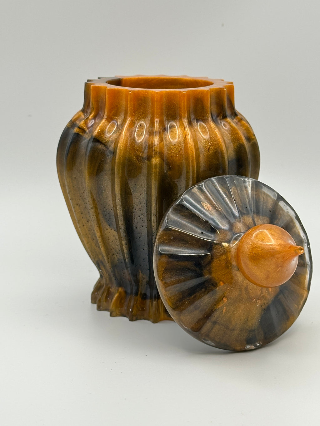 Orange and Black Marbled Epoxy Resin Ribbed Jar with Lid