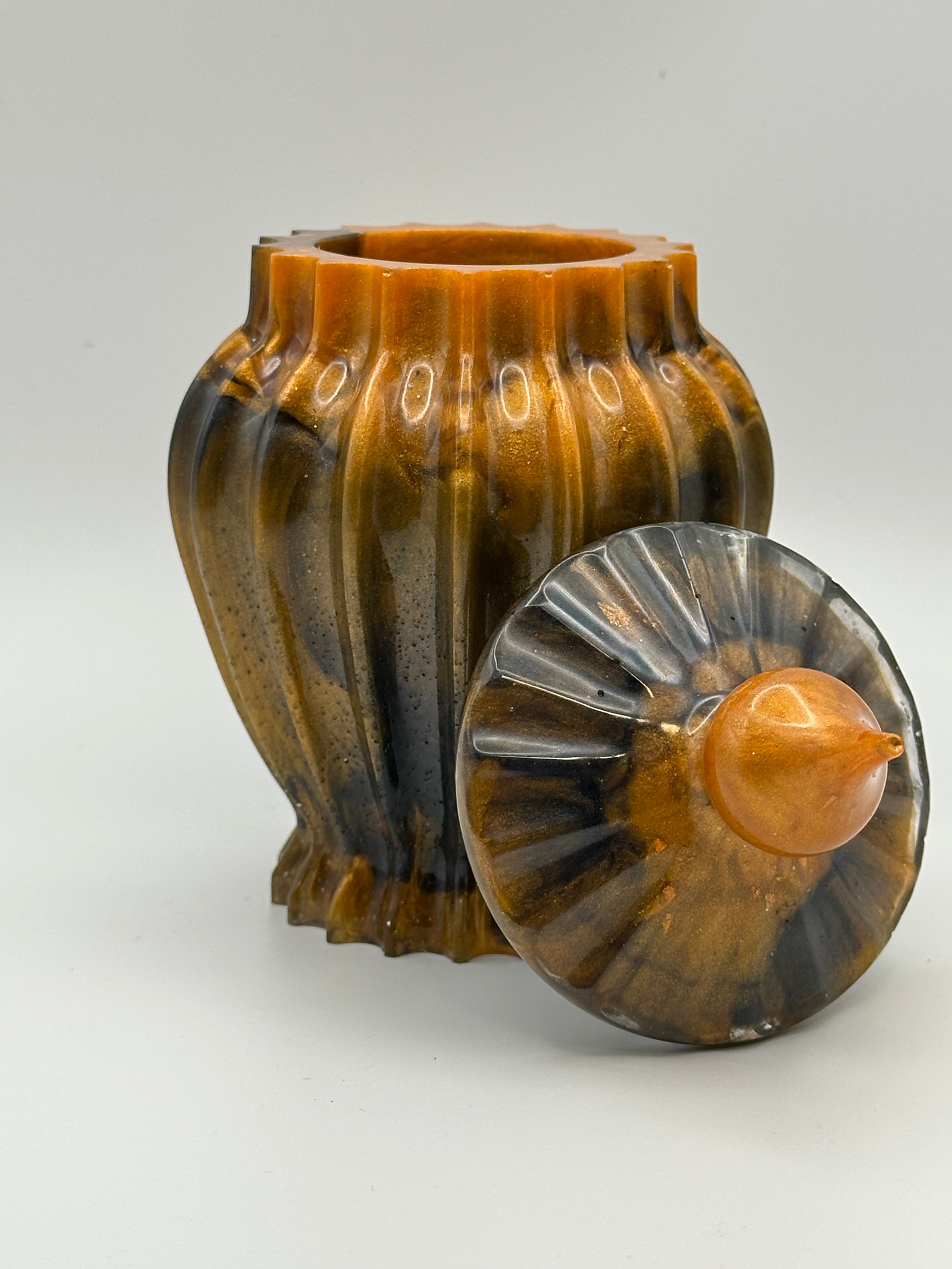 Orange and Black Marbled Epoxy Resin Ribbed Jar with Lid