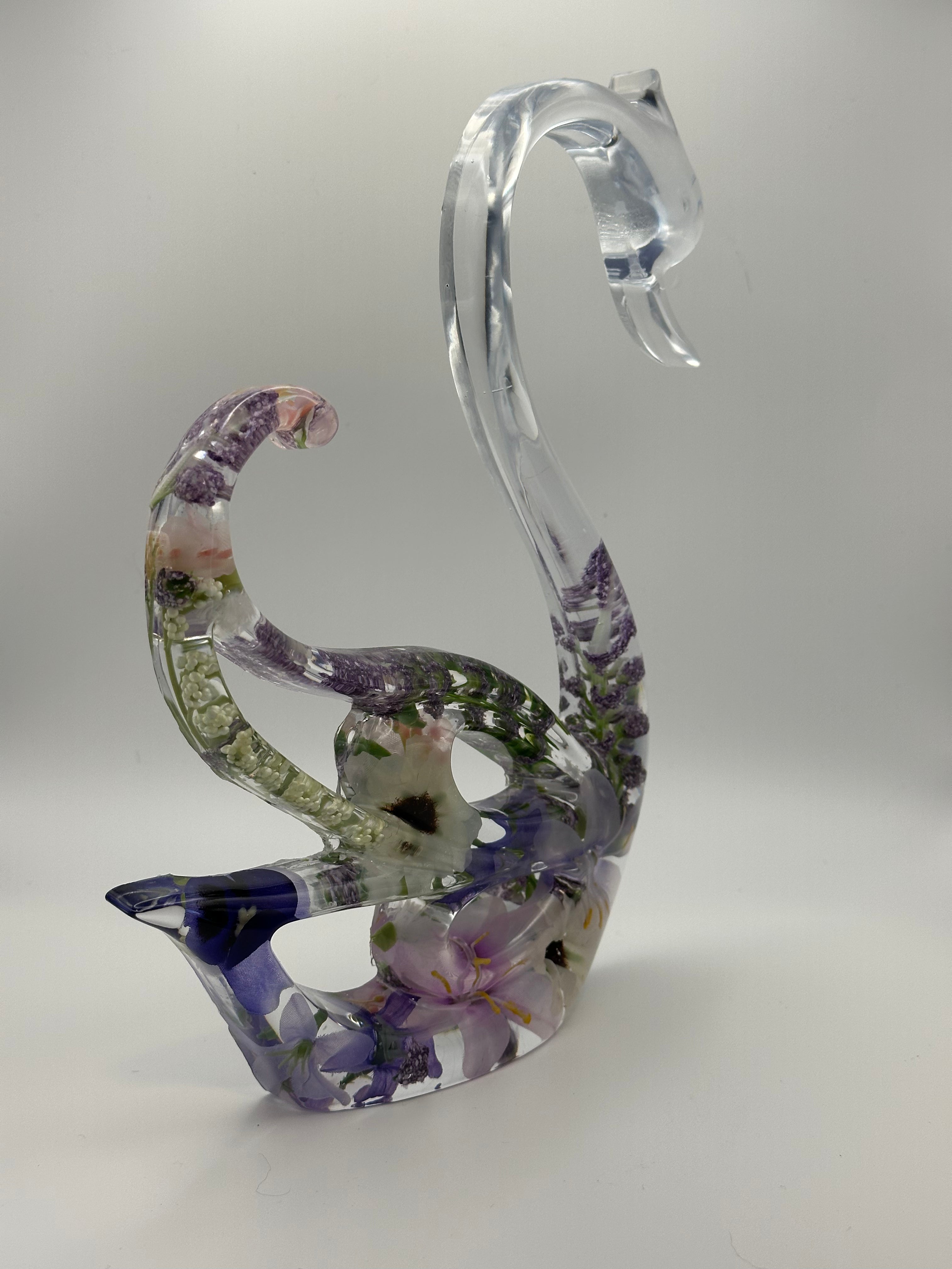 Swans with Lavender Flowers — Epoxy Resin Figurine Set