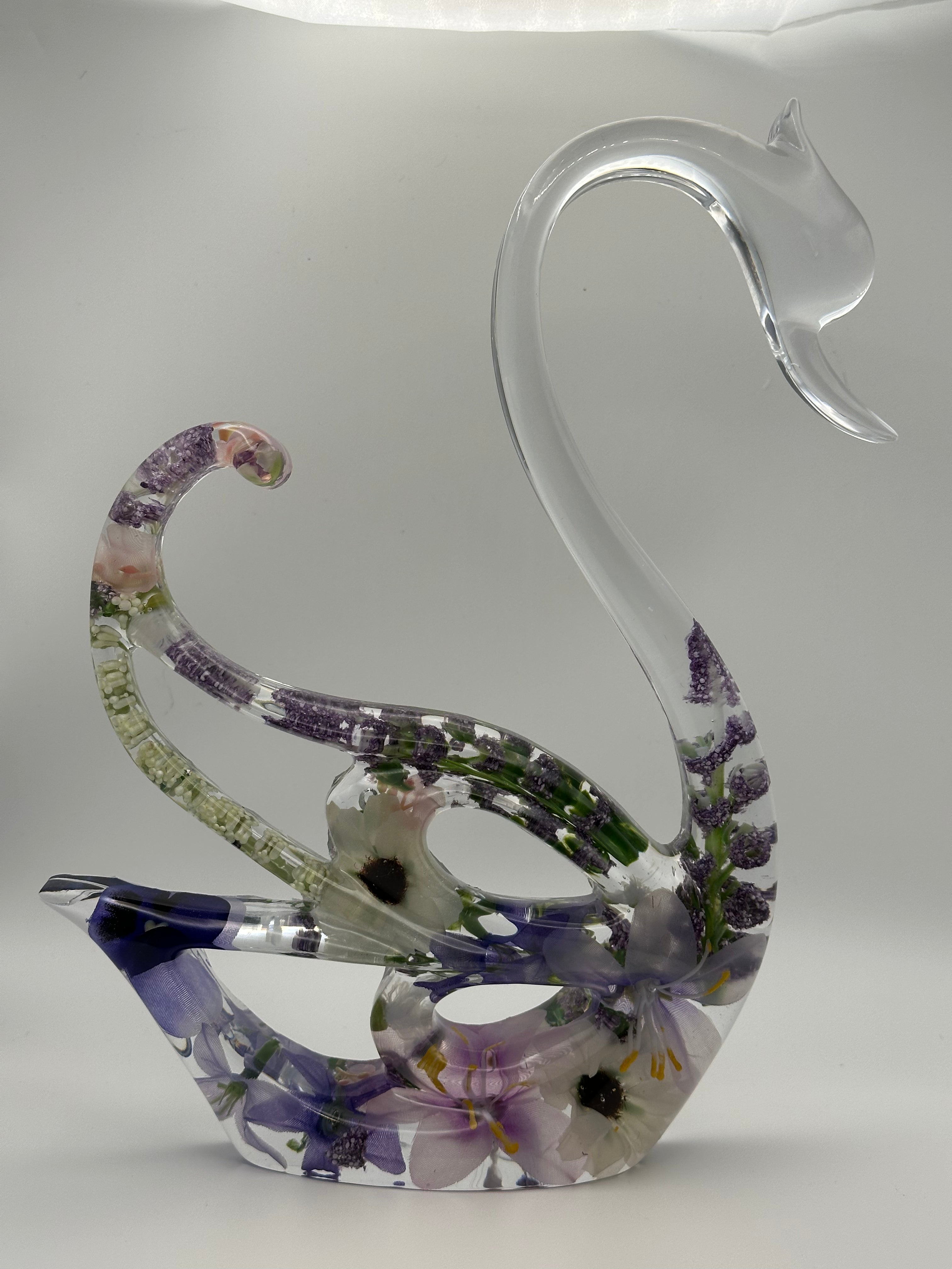 Swans with Lavender Flowers — Epoxy Resin Figurine Set